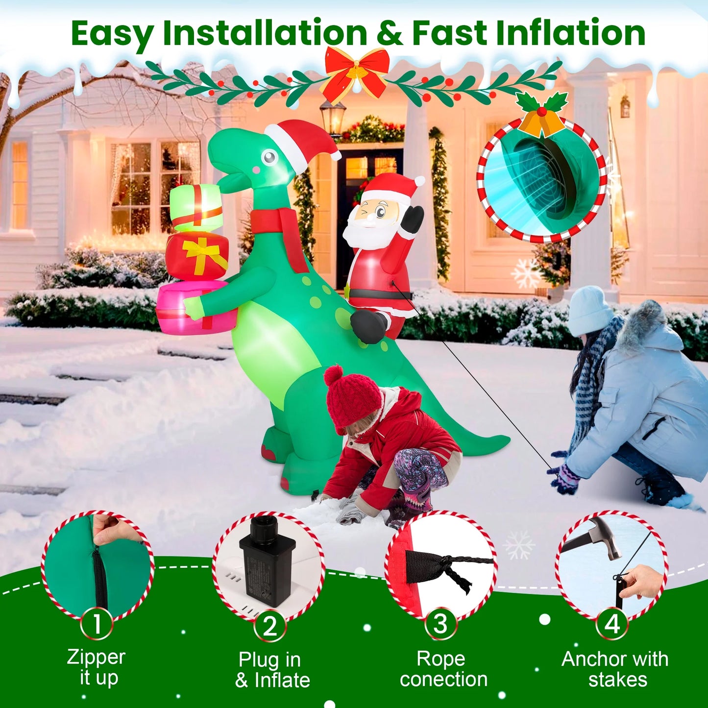 5 FT Inflatable Santa Claus Dinosaur with LED Lights – Blow-Up Christmas Outdoor Decoration for Yard, Garden, Lawn & Holiday Party Décor