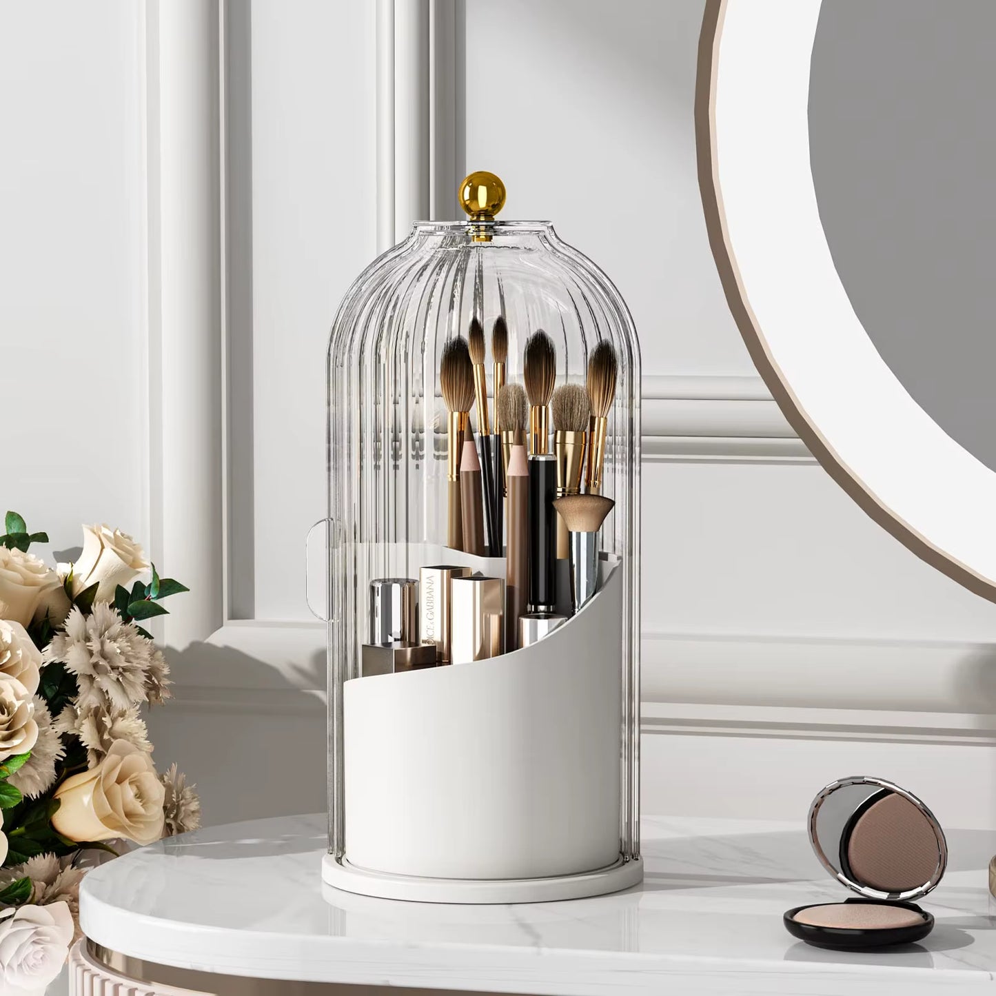 Makeup Brush Holder Organizer with Lid – 360° Rotating Clear Dustproof Makeup Brush Organizer for Vanity, Desktop & Bathroom
