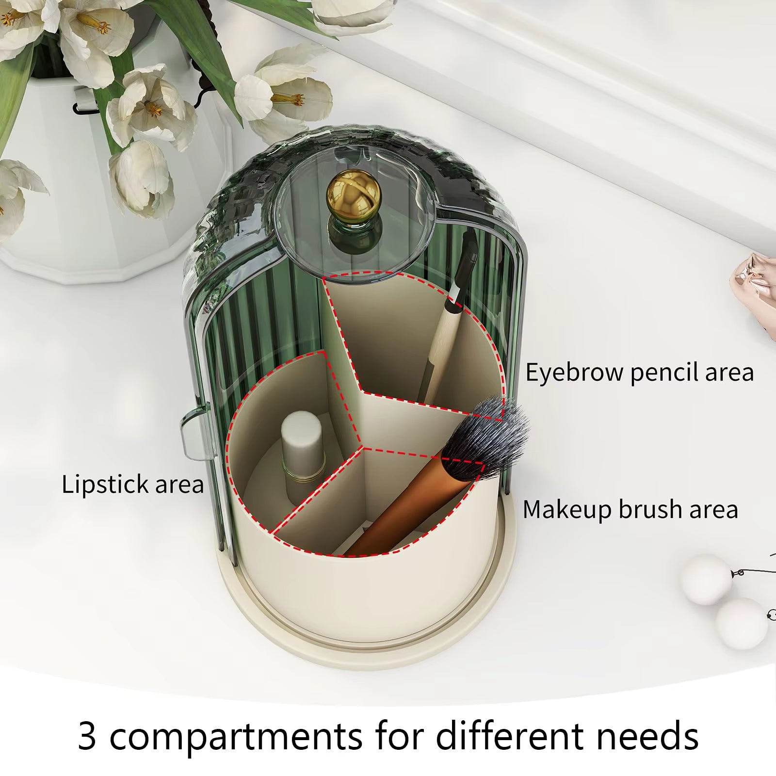 Makeup Brush Holder Organizer with Lid – 360° Rotating Clear Dustproof Makeup Brush Organizer for Vanity, Desktop & Bathroom