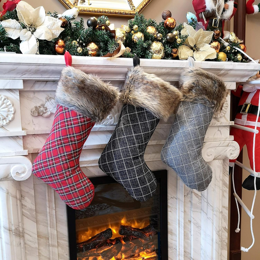 Set of 3 Buffalo Plaid Christmas Stockings – 19” Holiday Stockings with Faux Fur Cuff, Rustic Fireplace Décor for Family Gifts