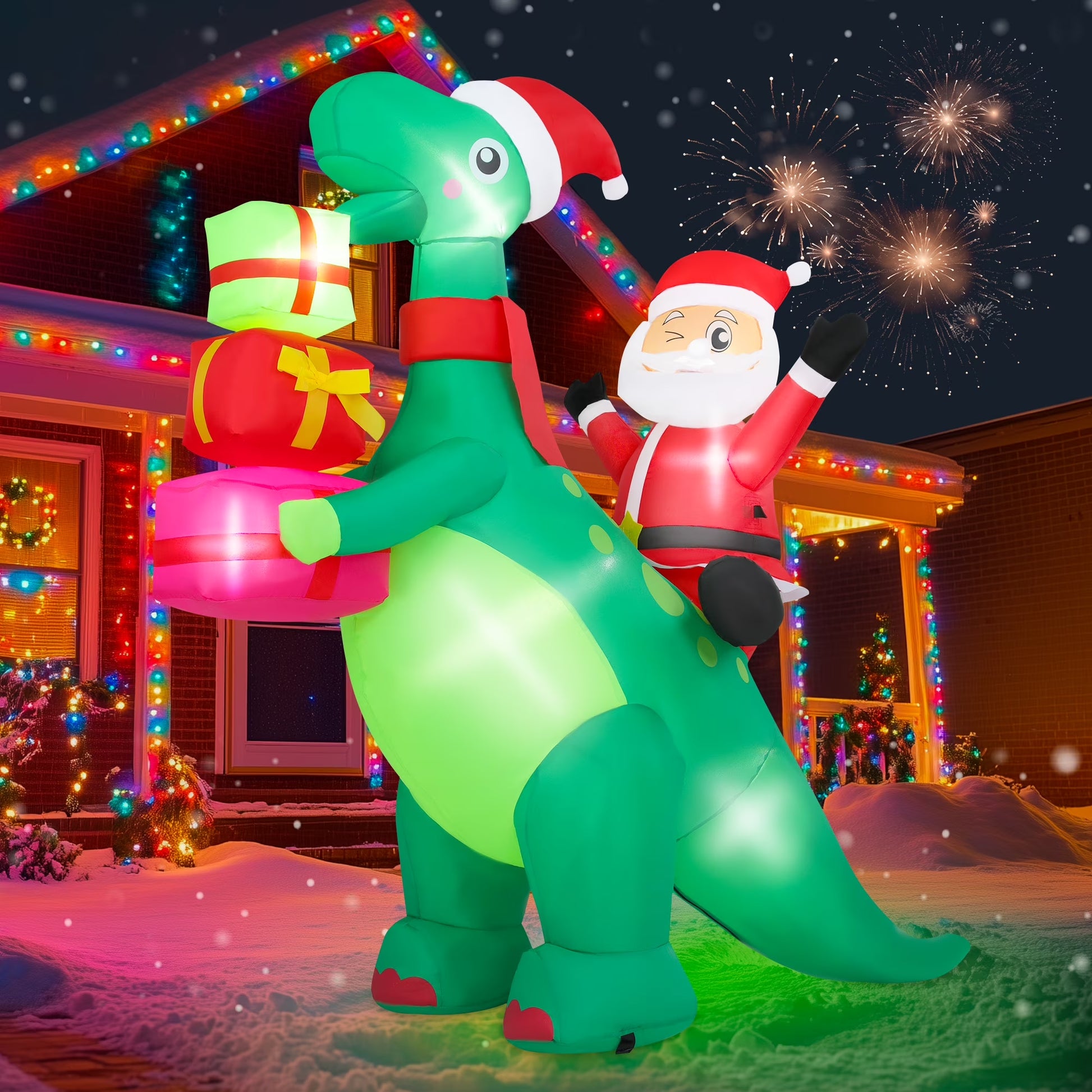 5 FT Inflatable Santa Claus Dinosaur with LED Lights – Blow-Up Christmas Outdoor Decoration for Yard, Garden, Lawn & Holiday Party Décor