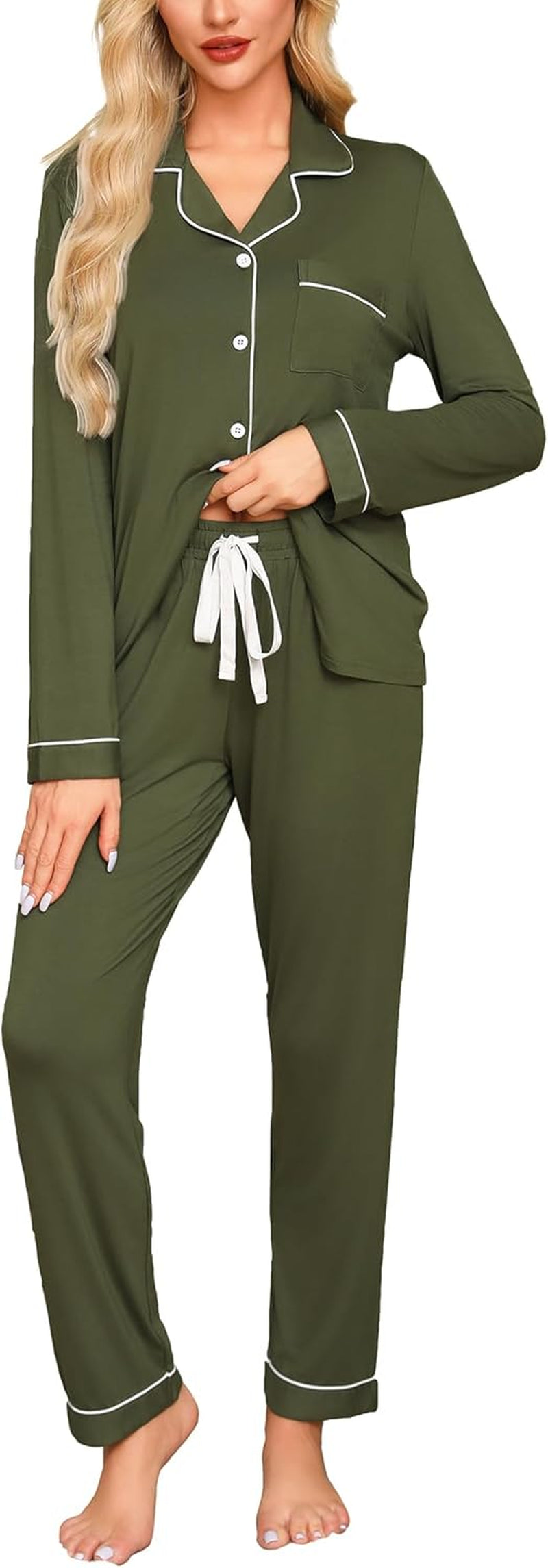 Luxuriously Soft Women's Button-Up Pajama Set - Cozy Long Sleeve Shirt and Pants Lounge Set in Elegant Green (Sizes S-XXL)