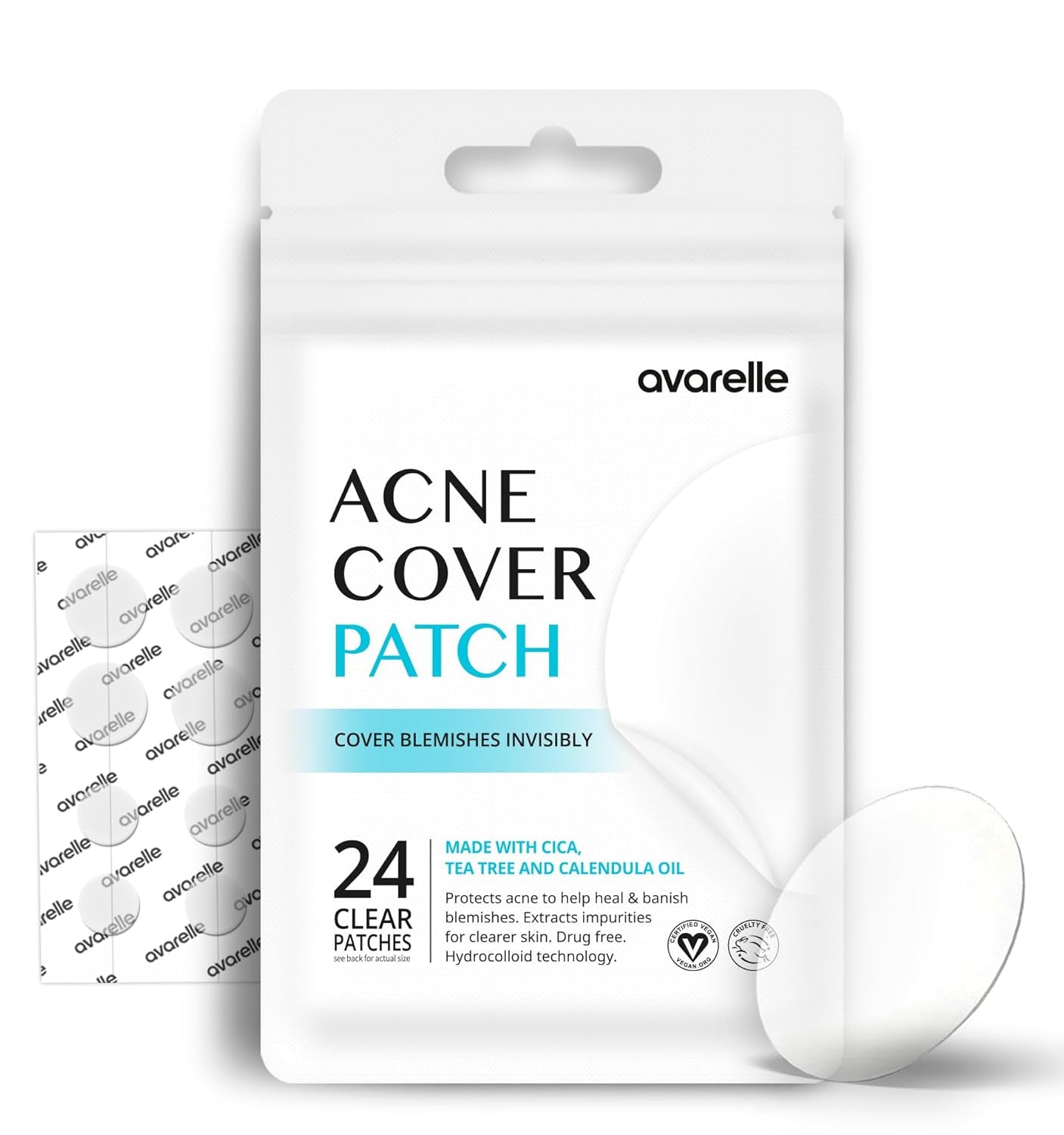 Avarelle Acne Cover Patches | Hydrocolloid Pimple Patches with Tea Tree, Cica & Calendula – Vegan, Cruelty-Free Korean Skincare Zit Patches