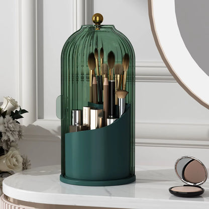 Makeup Brush Holder Organizer with Lid – 360° Rotating Clear Dustproof Makeup Brush Organizer for Vanity, Desktop & Bathroom