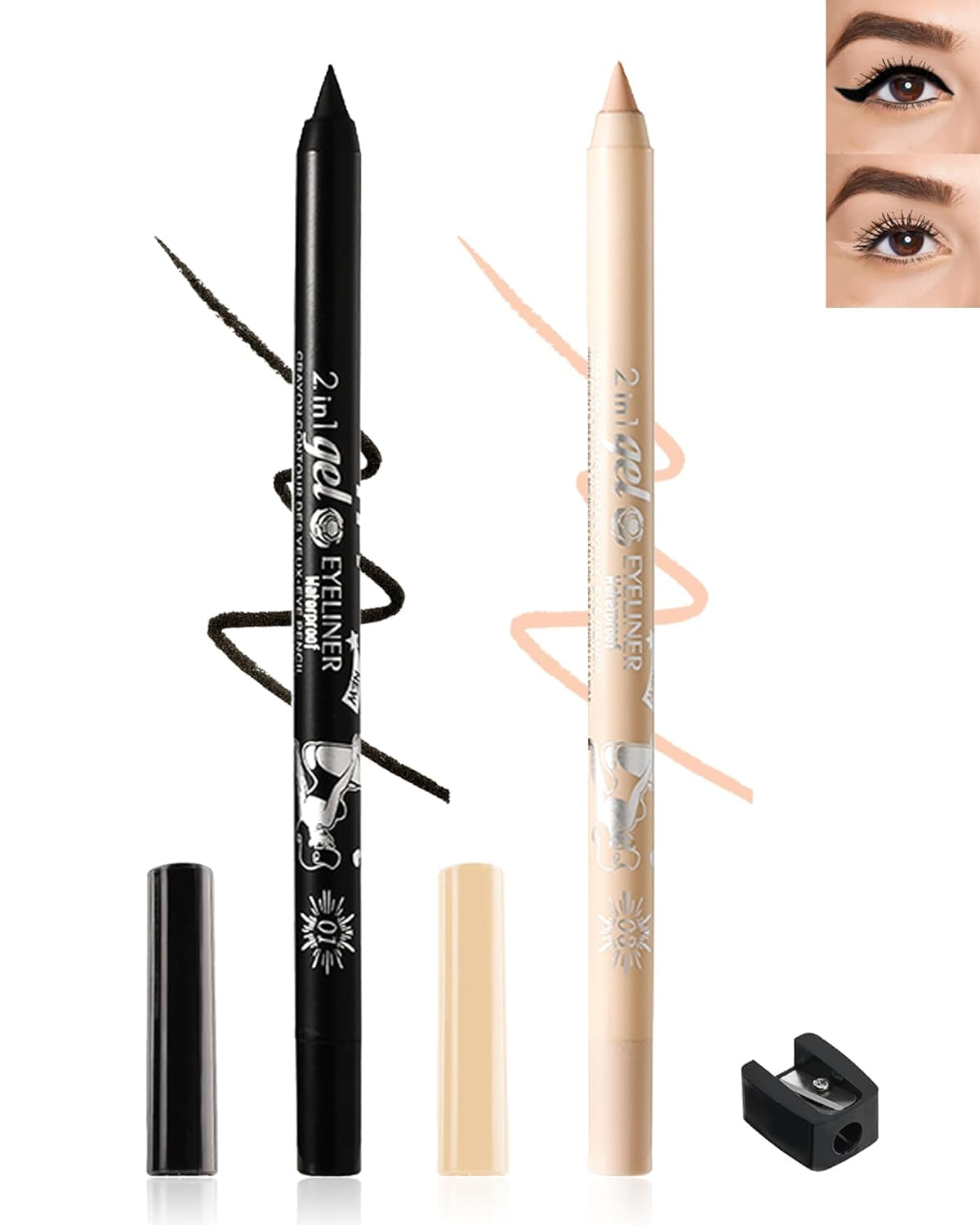 3-Piece Multi-Use Colored Gel Eyeliner Pencil Set | Long-Lasting Waterproof & Smudge proof Eyeliner, Eyeshadow & Lip Liner Pencils – Professional K-Beauty Eye Makeup Kit with Sharpener