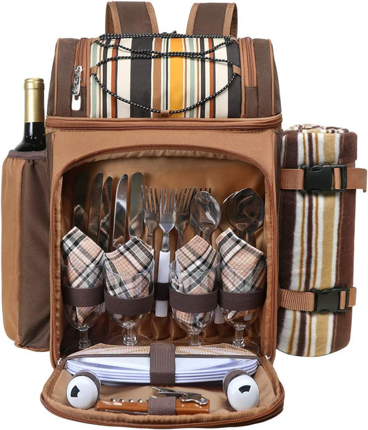 Picnic Basket Backpack for 4 – Insulated Leak-Proof Cooler, Wine Holder, Fleece Blanket & Full Cutlery Set
