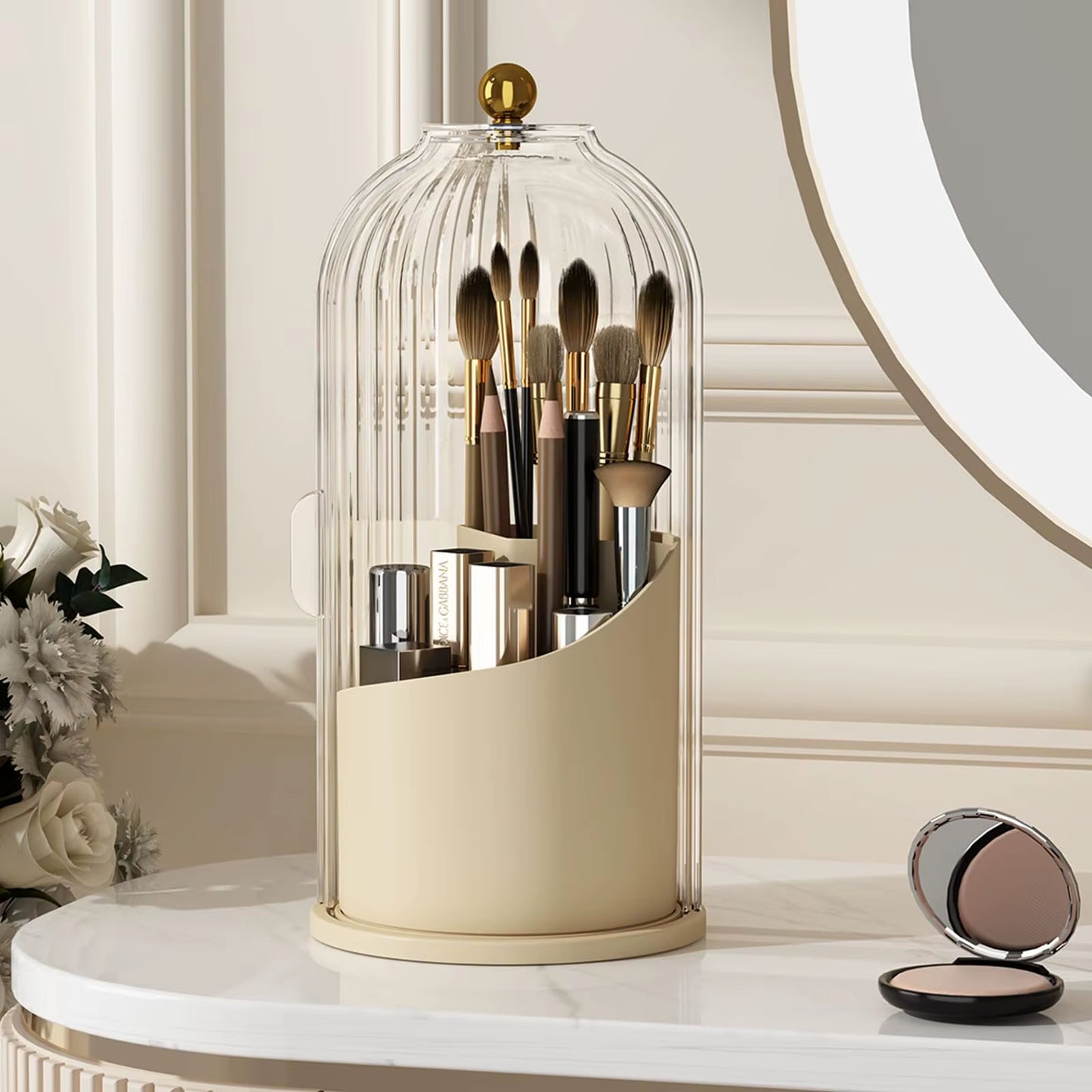 Makeup Brush Holder Organizer with Lid – 360° Rotating Clear Dustproof Makeup Brush Organizer for Vanity, Desktop & Bathroom