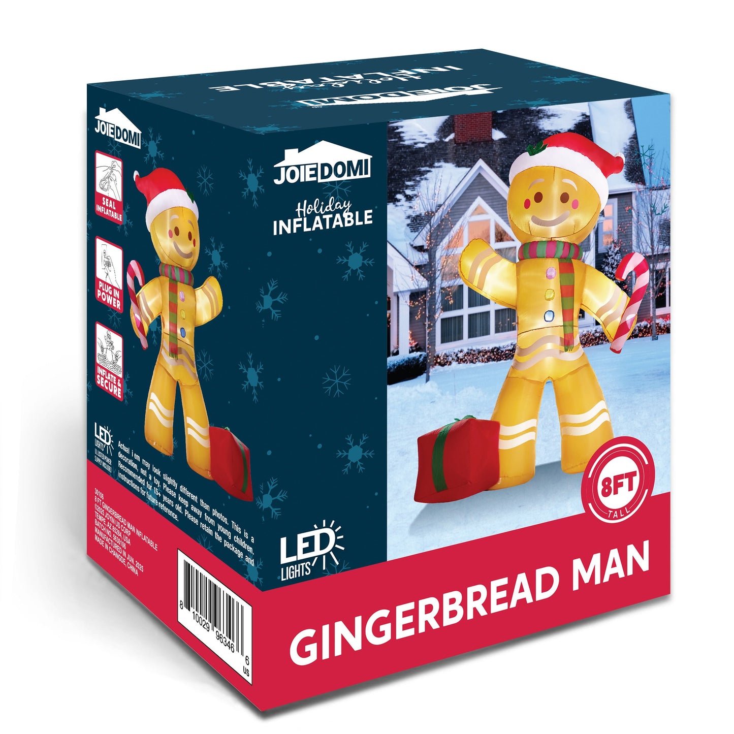 8 FT Inflatable Gingerbread Man with Candy Cane & LED Lights – Giant Christmas Blow-Up Outdoor Decoration for Yard, Garden & Holiday Party Décor