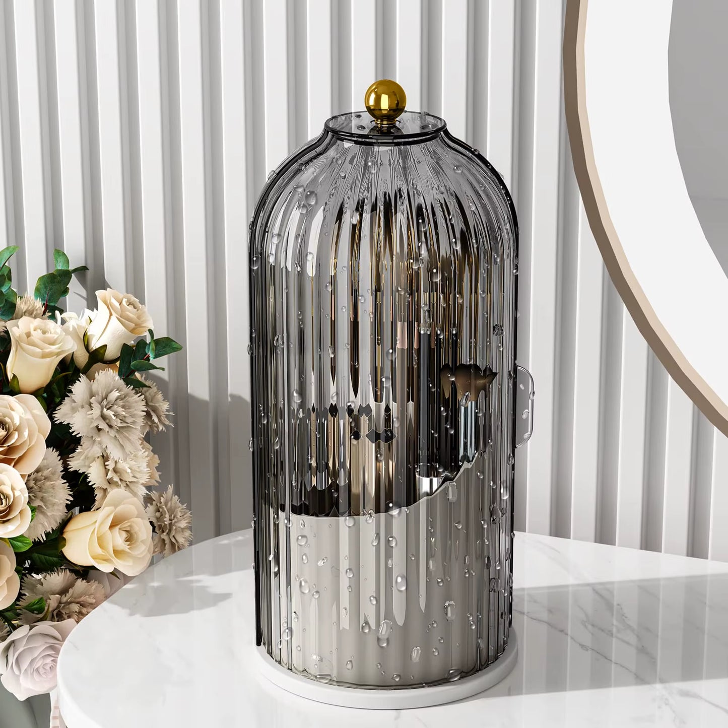 Makeup Brush Holder Organizer with Lid – 360° Rotating Clear Dustproof Makeup Brush Organizer for Vanity, Desktop & Bathroom