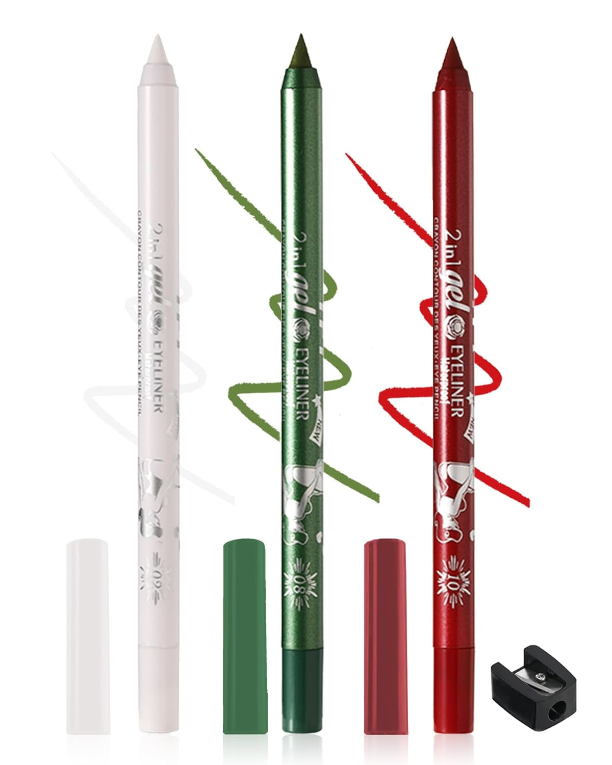 3-Piece Multi-Use Colored Gel Eyeliner Pencil Set | Long-Lasting Waterproof & Smudge proof Eyeliner, Eyeshadow & Lip Liner Pencils – Professional K-Beauty Eye Makeup Kit with Sharpener