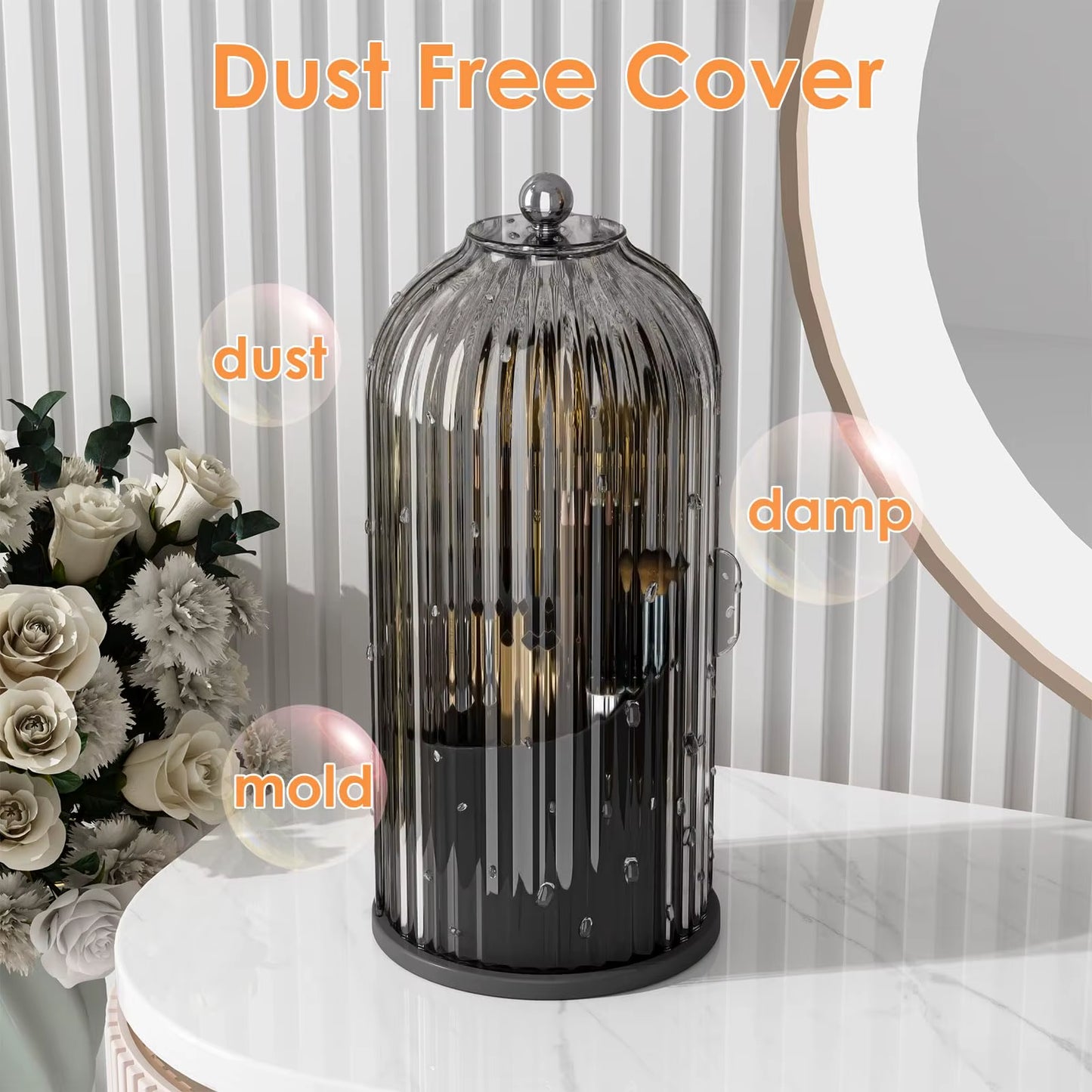 Makeup Brush Holder Organizer with Lid – 360° Rotating Clear Dustproof Makeup Brush Organizer for Vanity, Desktop & Bathroom