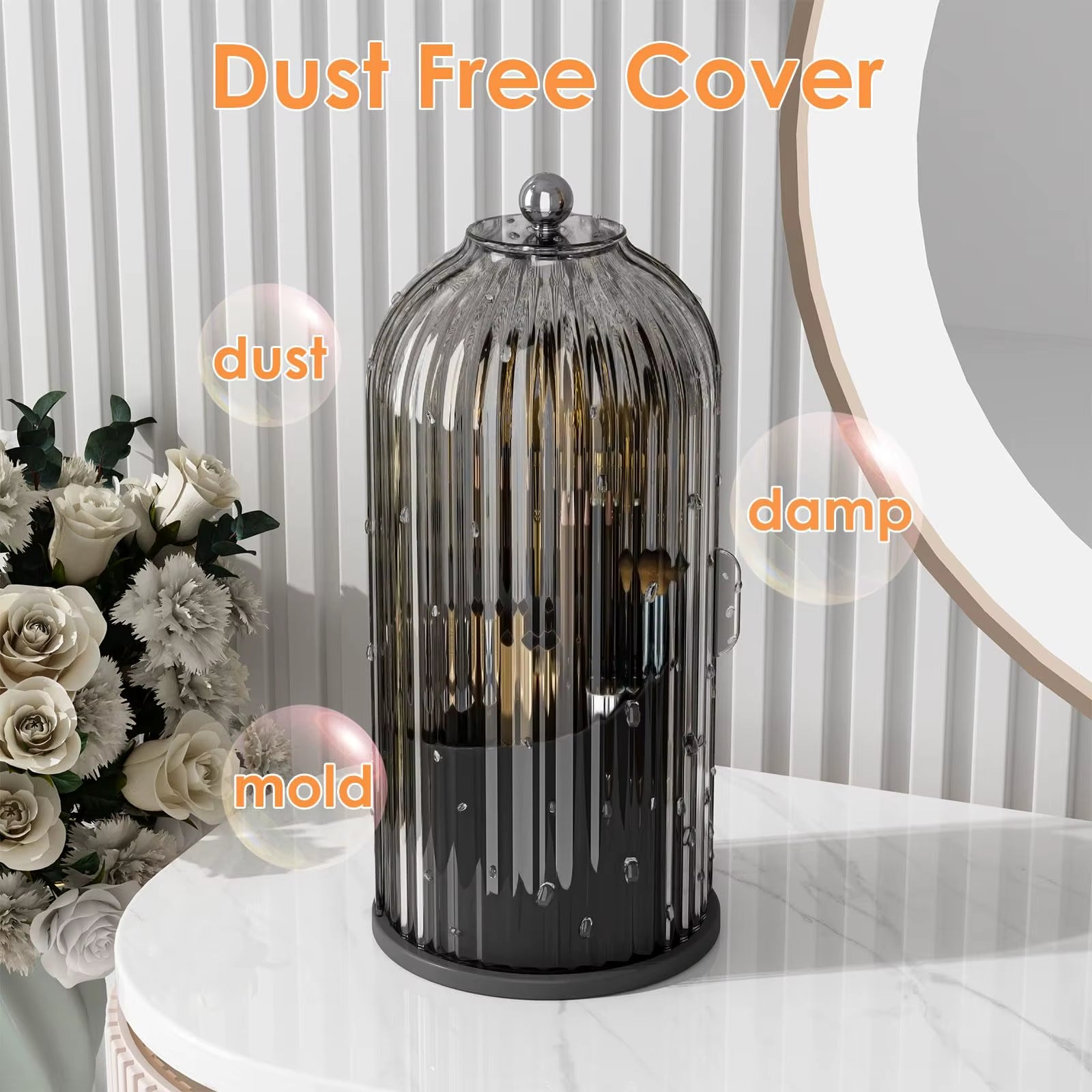 Makeup Brush Holder Organizer with Lid – 360° Rotating Clear Dustproof Makeup Brush Organizer for Vanity, Desktop & Bathroom