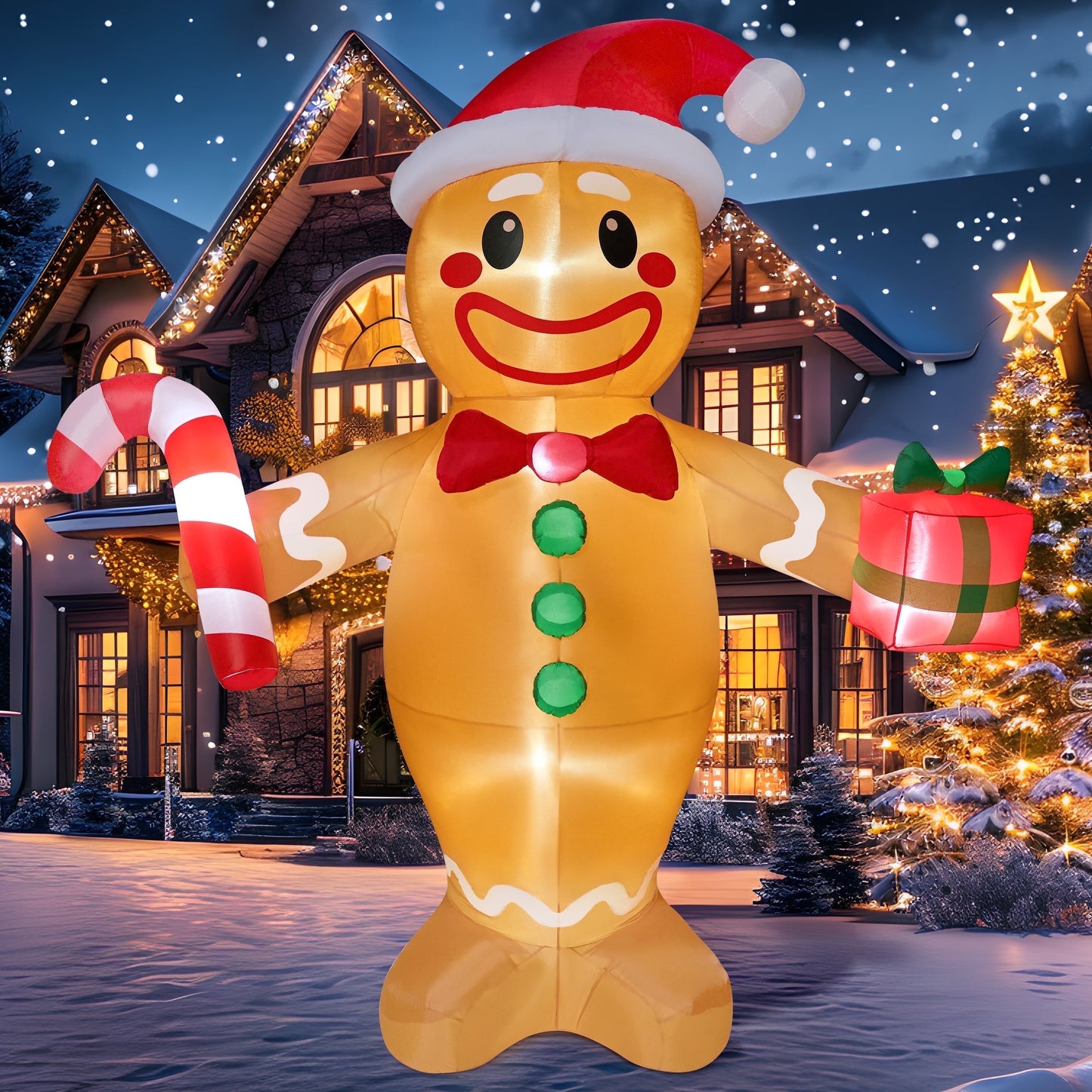 8 FT Inflatable Gingerbread Man with Candy Cane & LED Lights – Giant Christmas Blow-Up Outdoor Decoration for Yard, Garden & Holiday Party Décor
