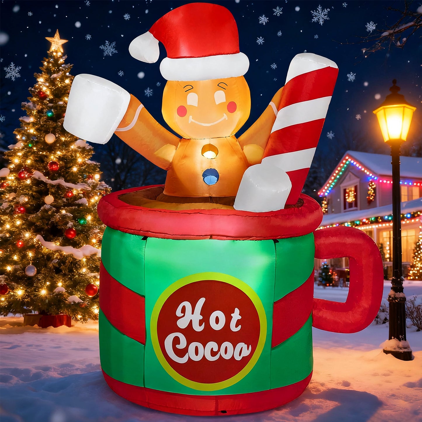 8 FT Inflatable Gingerbread Man with Candy Cane & LED Lights – Giant Christmas Blow-Up Outdoor Decoration for Yard, Garden & Holiday Party Décor