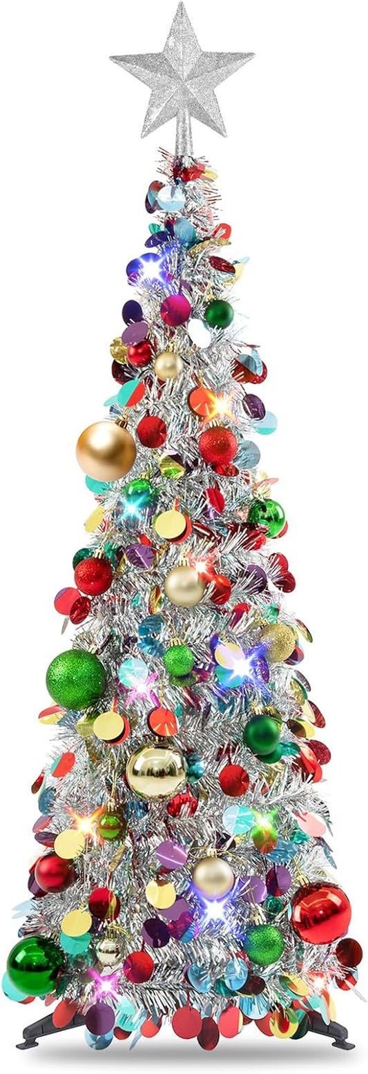 Transform Your Holiday Decor with Our 3ft Pop-Up Christmas Tree - Complete with Colorful Ornaments and LED Lights!