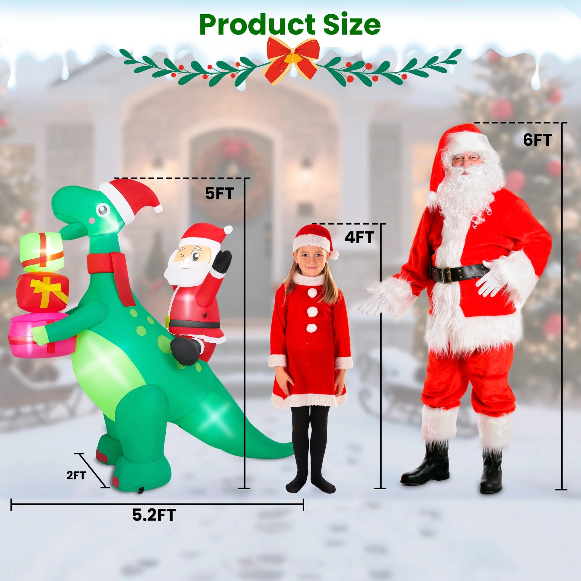 5 FT Inflatable Santa Claus Dinosaur with LED Lights – Blow-Up Christmas Outdoor Decoration for Yard, Garden, Lawn & Holiday Party Décor