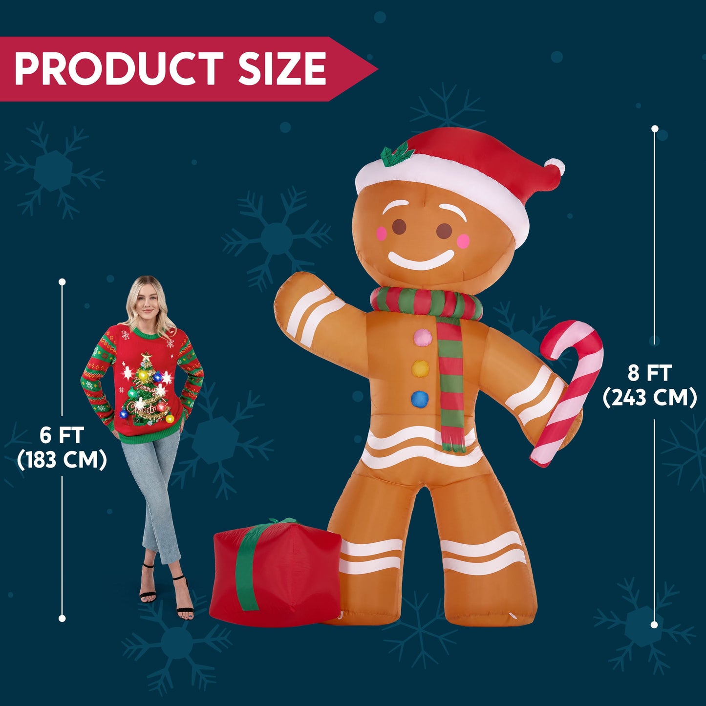 8 FT Inflatable Gingerbread Man with Candy Cane & LED Lights – Giant Christmas Blow-Up Outdoor Decoration for Yard, Garden & Holiday Party Décor