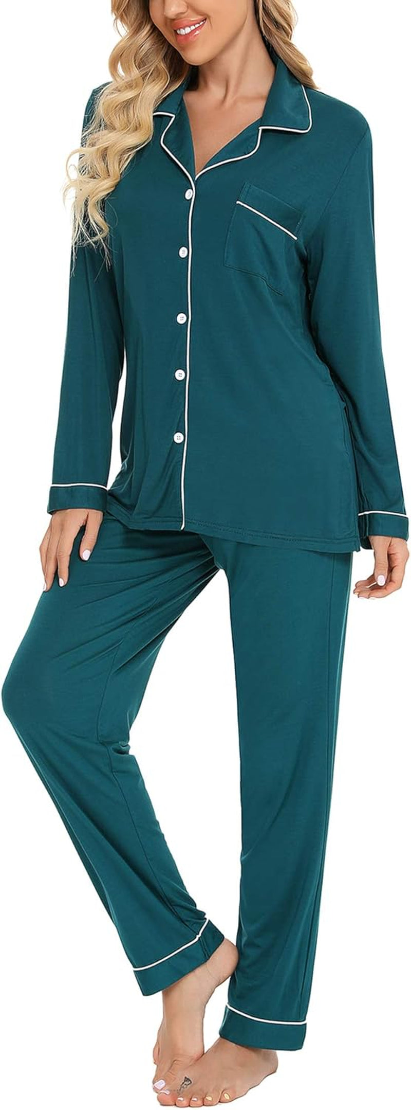 Luxuriously Soft Women's Button-Up Pajama Set - Cozy Long Sleeve Shirt and Pants Lounge Set in Elegant Green (Sizes S-XXL)