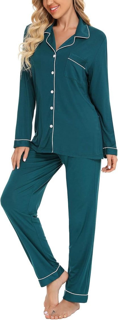 Luxuriously Soft Women's Button-Up Pajama Set - Cozy Long Sleeve Shirt and Pants Lounge Set in Elegant Green (Sizes S-XXL)