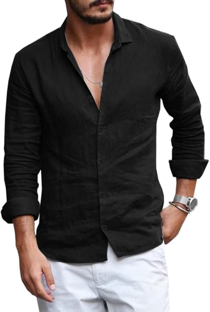 Runcati Men's Casual Long Sleeve Linen Cotton Shirt