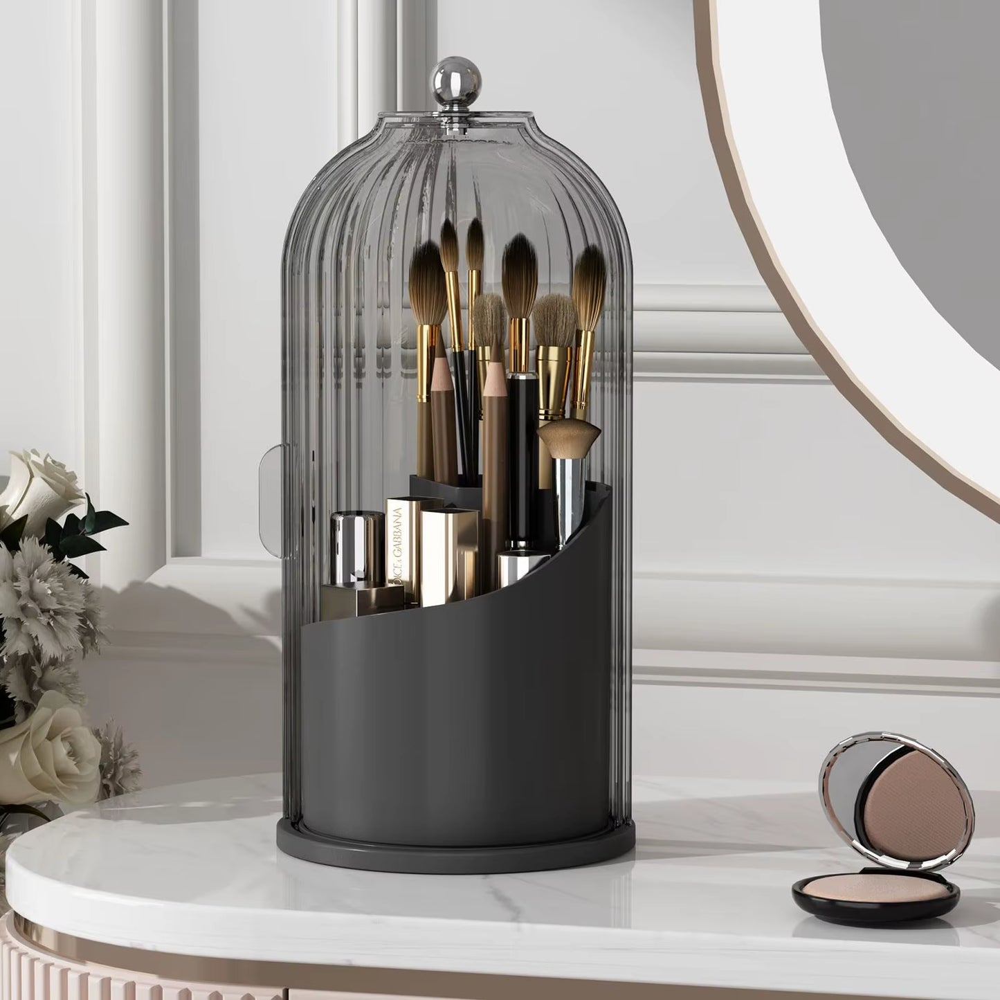 Makeup Brush Holder Organizer with Lid – 360° Rotating Clear Dustproof Makeup Brush Organizer for Vanity, Desktop & Bathroom